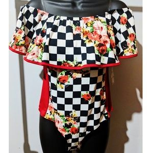 NWOT Off Shoulder Floral Checkerboard Bodysuit